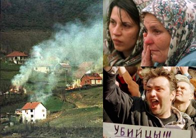 Слева: горит деревня Милич в Косово. Справа: косовские беженцы в Македонии. Демонстранты в Москве